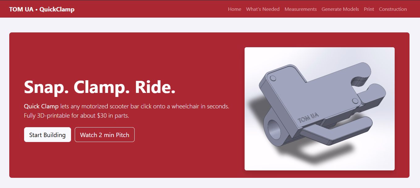 QuickClamp project home page with a clamp render and build workflow