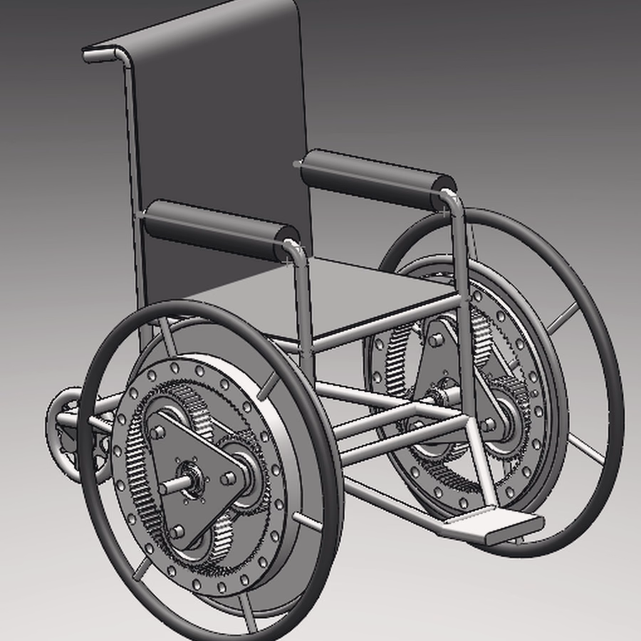 CAD rendering of a wheelchair with a planetary gear wheel